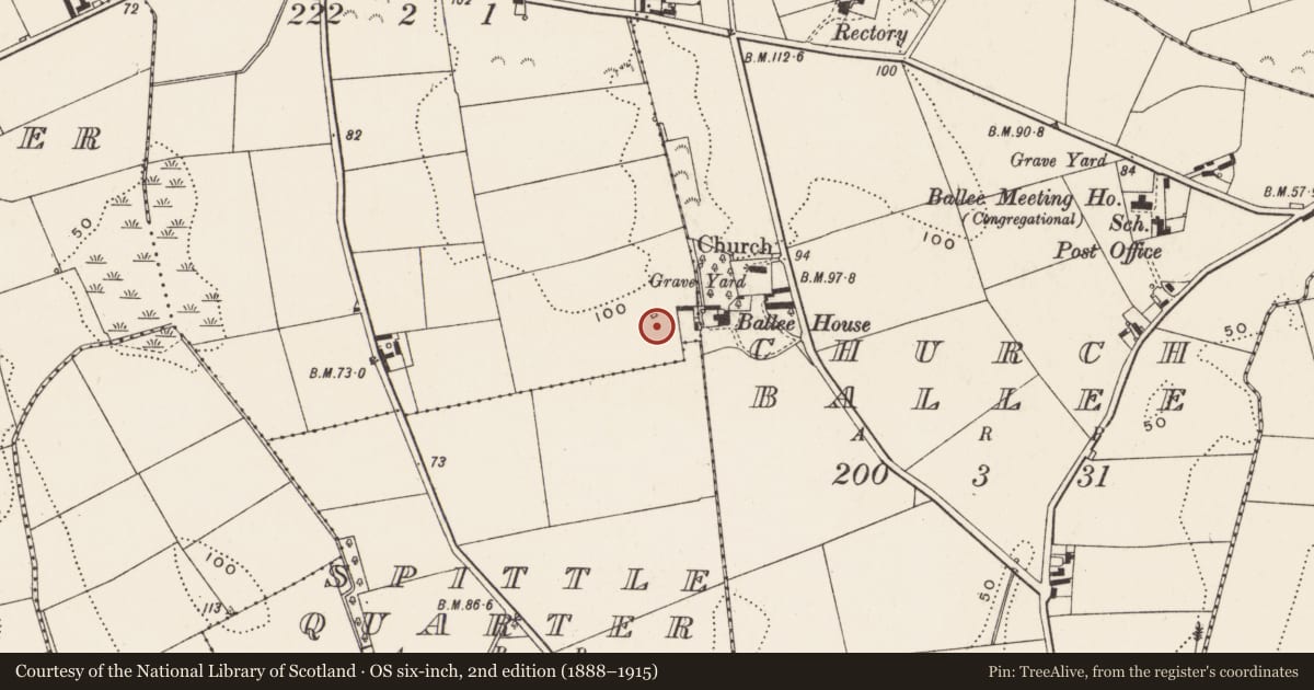 Ordnance Survey six-inch map, 2nd edition (1888–1915) covering the location of Pigeon Loft At Ballee House, Newry, Mourne and Down, with a pin at the register's coordinates
