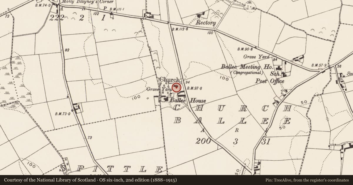 Ordnance Survey six-inch map, 2nd edition (1888–1915) covering the location of Ballee Parish Church, Newry, Mourne and Down, with a pin at the register's coordinates