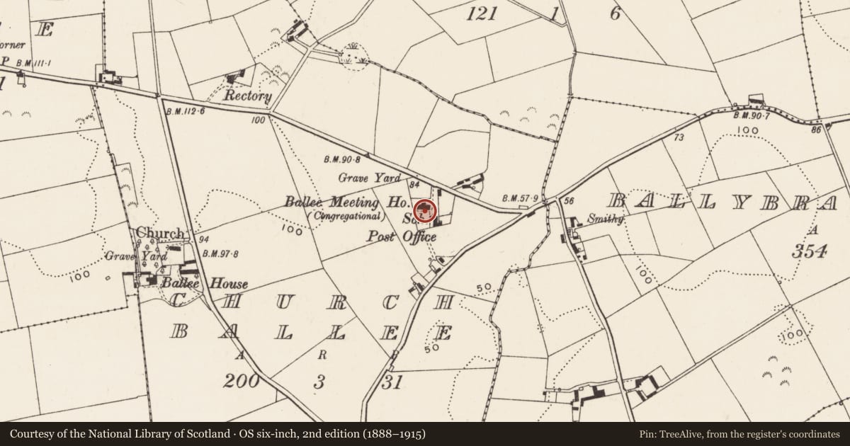 Ordnance Survey six-inch map, 2nd edition (1888–1915) covering the location of Non-Subscribing Presbyterian Church, Newry, Mourne and Down, with a pin at the register's coordinates