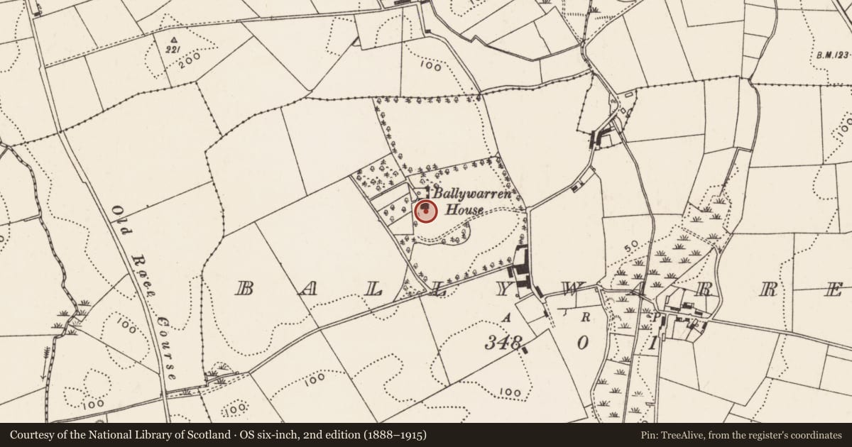Ordnance Survey six-inch map, 2nd edition (1888–1915) covering the location of Ballywarren House, Newry, Mourne and Down, with a pin at the register's coordinates
