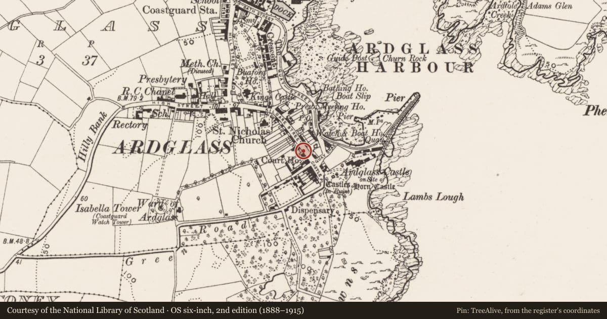 Ordnance Survey six-inch map, 2nd edition (1888–1915) covering the location of Telephone Kiosk, Newry, Mourne and Down, with a pin at the register's coordinates
