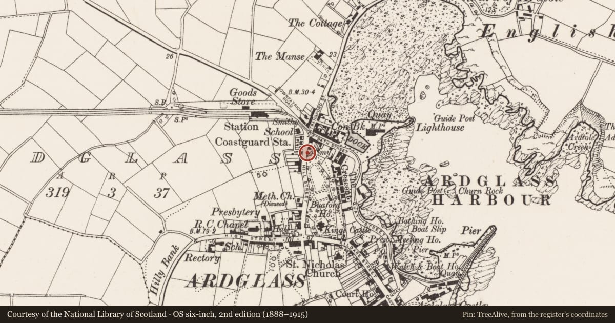 Ordnance Survey six-inch map, 2nd edition (1888–1915) covering the location of Store on east side of Hill Street (rear of 28 Bath Street), Ardglass, Newry, Mourne and Down, with a pin at the register's coordinates
