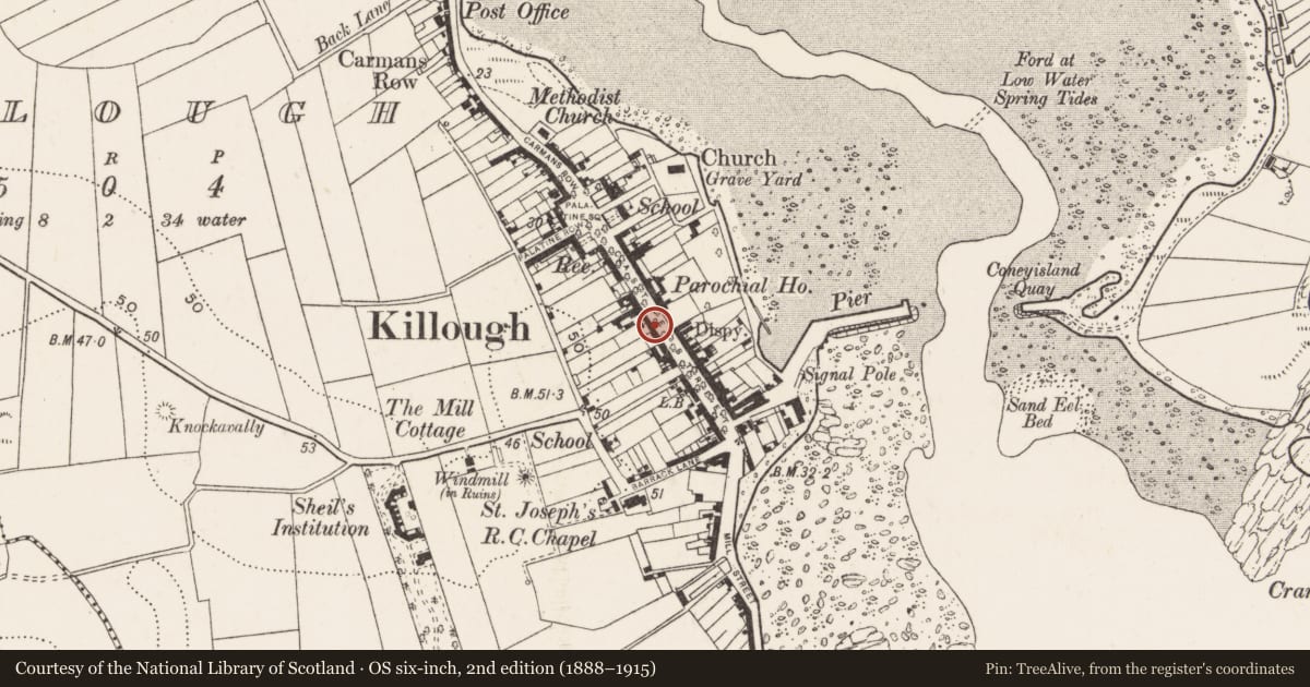 Ordnance Survey six-inch map, 2nd edition (1888–1915) covering the location of 33 Castle St., Newry, Mourne and Down, with a pin at the register's coordinates