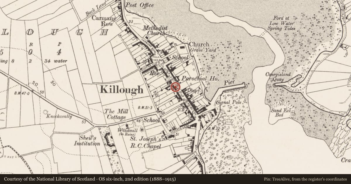 Ordnance Survey six-inch map, 2nd edition (1888–1915) covering the location of 29 Castle St., Newry, Mourne and Down, with a pin at the register's coordinates