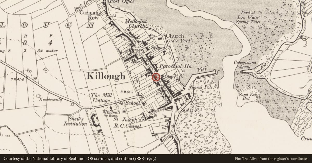 Ordnance Survey six-inch map, 2nd edition (1888–1915) covering the location of 35 Castle St., Newry, Mourne and Down, with a pin at the register's coordinates