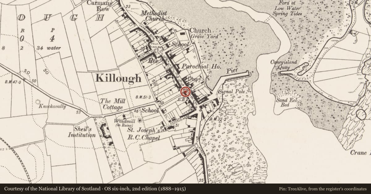 Ordnance Survey six-inch map, 2nd edition (1888–1915) covering the location of 47 Castle St., Newry, Mourne and Down, with a pin at the register's coordinates