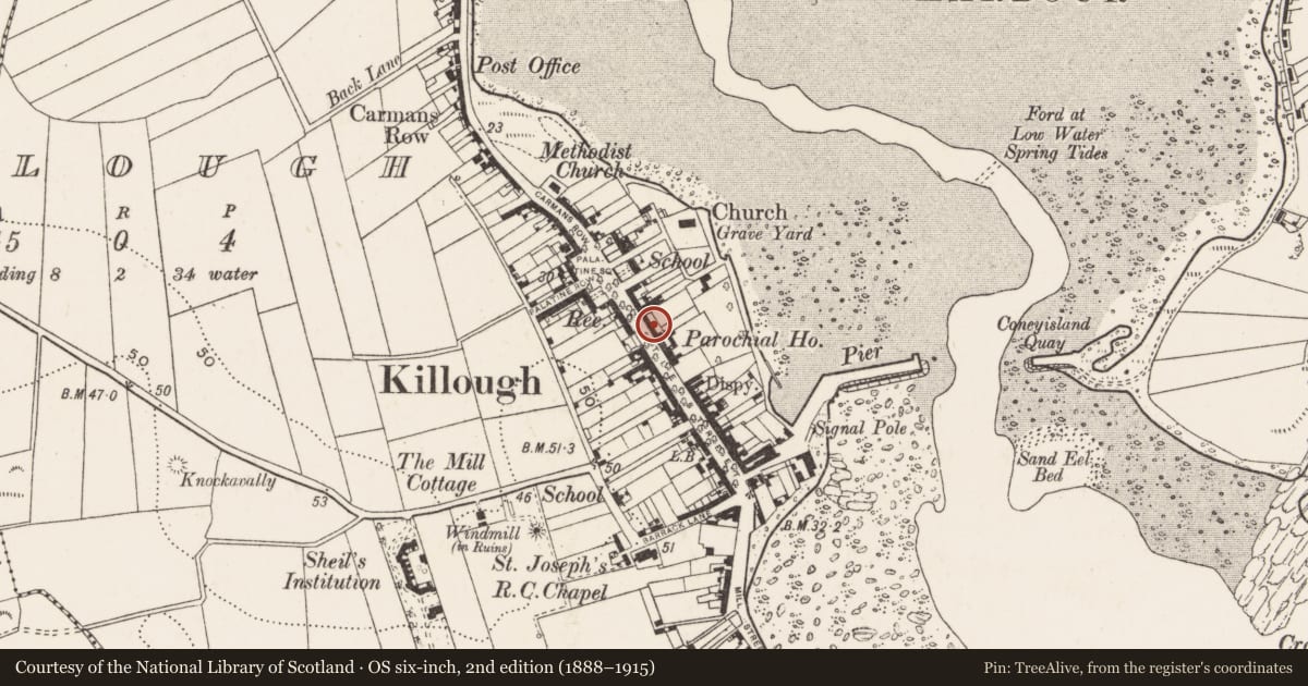 Ordnance Survey six-inch map, 2nd edition (1888–1915) covering the location of 16 Castle St., Newry, Mourne and Down, with a pin at the register's coordinates