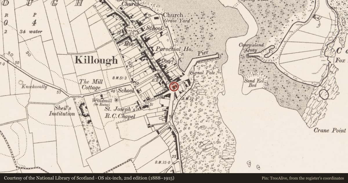 Ordnance Survey six-inch map, 2nd edition (1888–1915) covering the location of 52 Castle St., Newry, Mourne and Down, with a pin at the register's coordinates