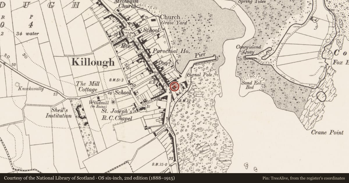 Ordnance Survey six-inch map, 2nd edition (1888–1915) covering the location of 1 Quay Lane, Newry, Mourne and Down, with a pin at the register's coordinates