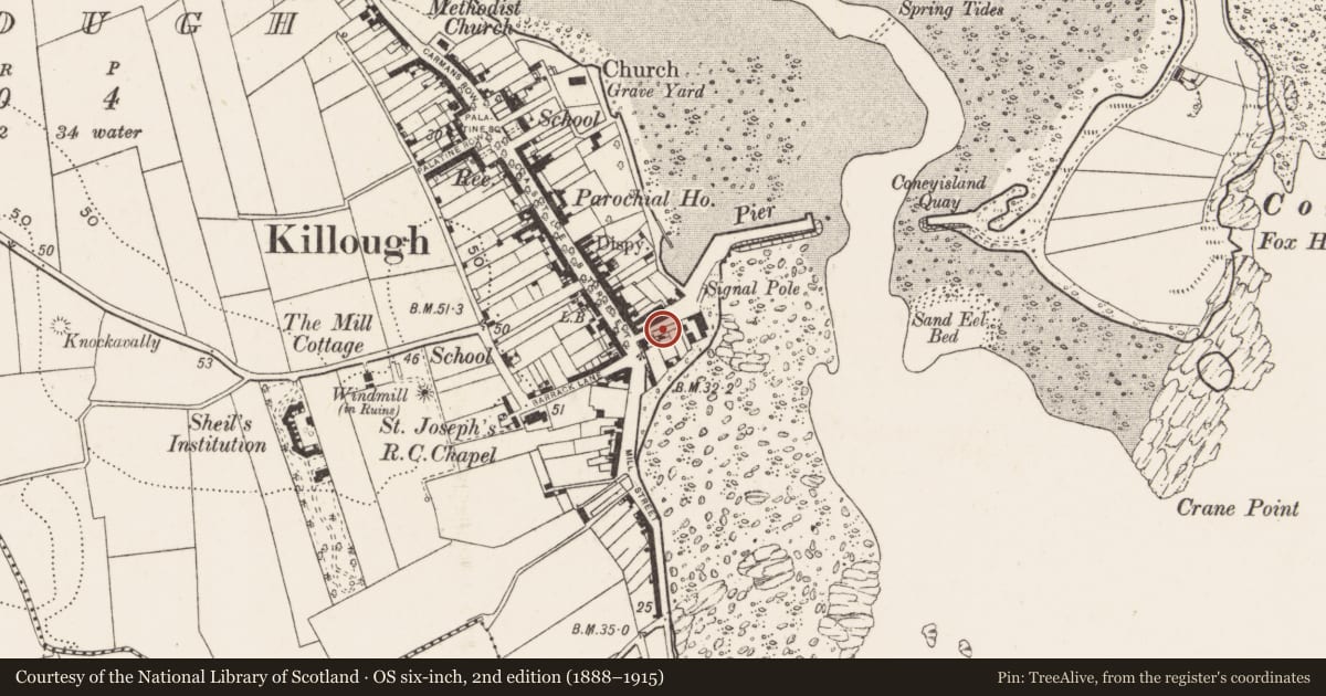 Ordnance Survey six-inch map, 2nd edition (1888–1915) covering the location of 3 Quay Lane, Newry, Mourne and Down, with a pin at the register's coordinates