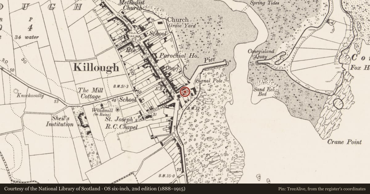 Ordnance Survey six-inch map, 2nd edition (1888–1915) covering the location of 5 Quay Lane, Newry, Mourne and Down, with a pin at the register's coordinates