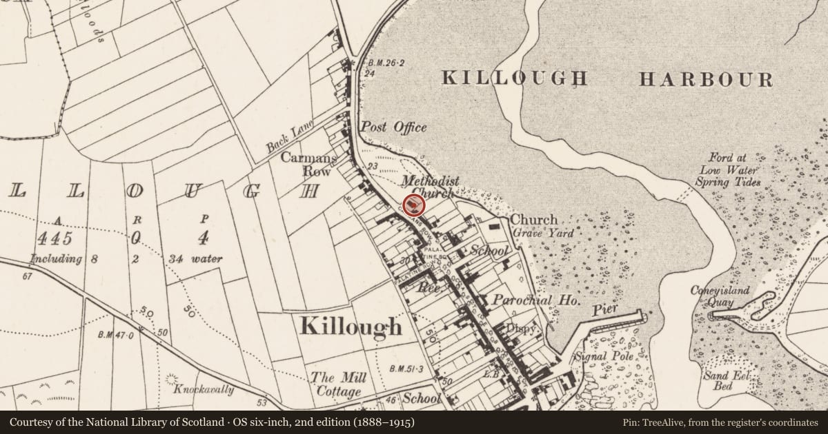 Ordnance Survey six-inch map, 2nd edition (1888–1915) covering the location of Killough Clinic, Newry, Mourne and Down, with a pin at the register's coordinates