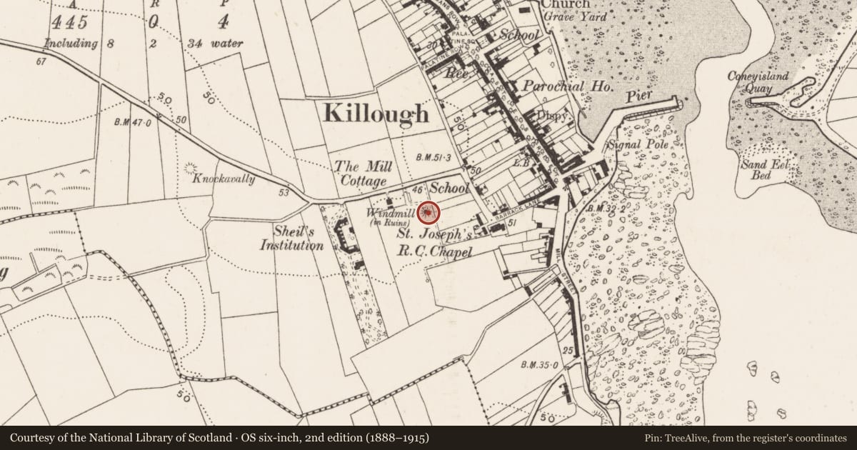 Ordnance Survey six-inch map, 2nd edition (1888–1915) covering the location of Windmill Remains, Newry, Mourne and Down, with a pin at the register's coordinates