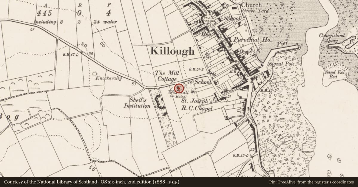 Ordnance Survey six-inch map, 2nd edition (1888–1915) covering the location of The Mill Cottage, Newry, Mourne and Down, with a pin at the register's coordinates
