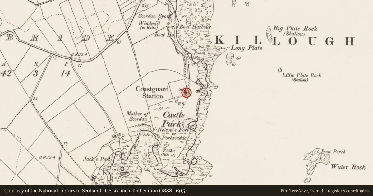 Ordnance Survey six-inch map, 2nd edition (1888–1915) covering the location of 3 Coastguard Cottages, Newry, Mourne and Down, with a pin at the register's coordinates