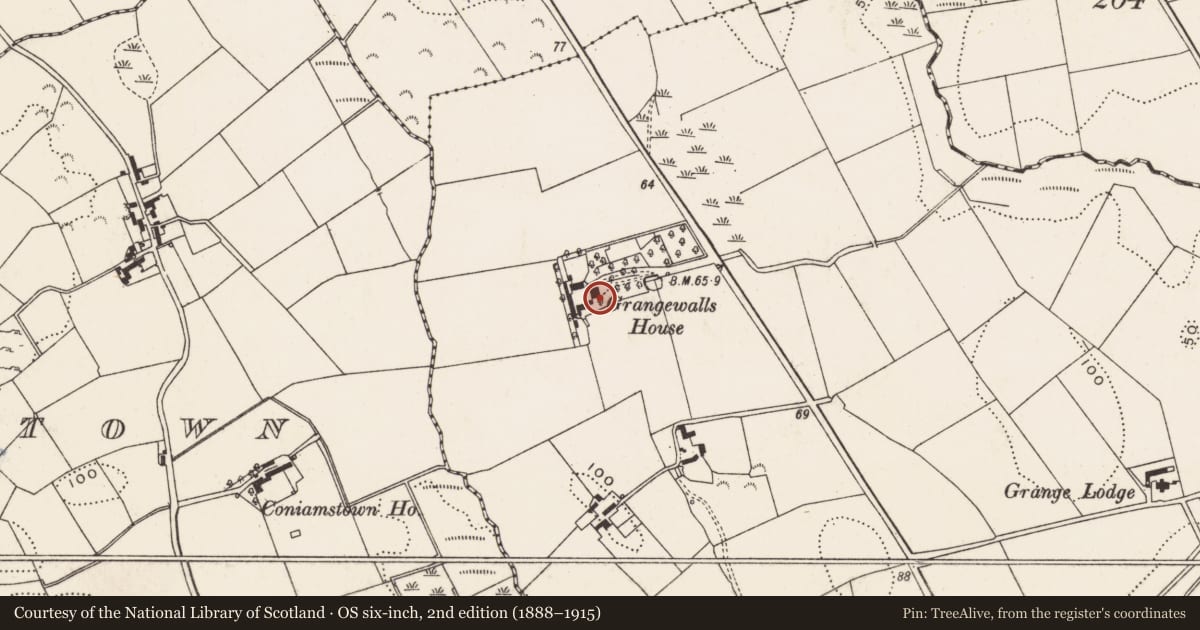 Ordnance Survey six-inch map, 2nd edition (1888–1915) covering the location of Grangewalls House, Newry, Mourne and Down, with a pin at the register's coordinates