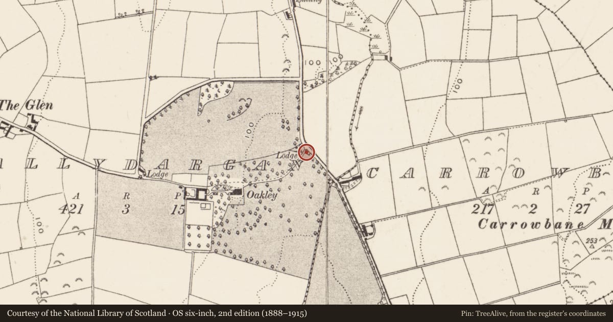 Ordnance Survey six-inch map, 2nd edition (1888–1915) covering the location of Gate Screen At Oakley House, Newry, Mourne and Down, with a pin at the register's coordinates