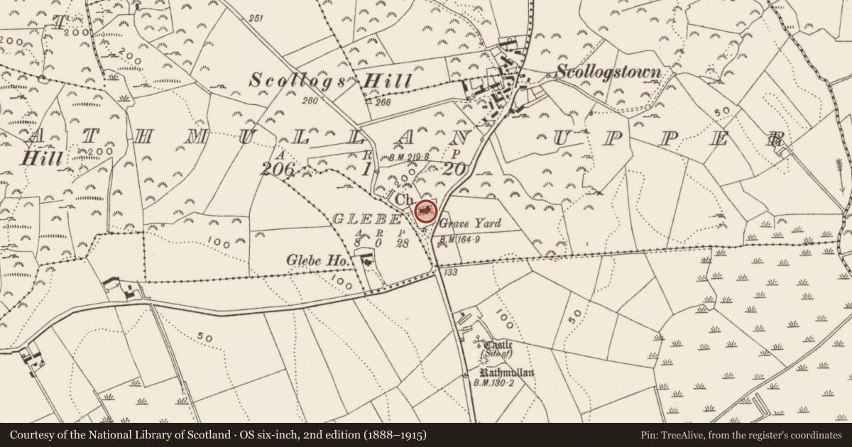 Ordnance Survey six-inch map, 2nd edition (1888–1915) covering the location of Rathmullan Parish Church, Newry, Mourne and Down, with a pin at the register's coordinates
