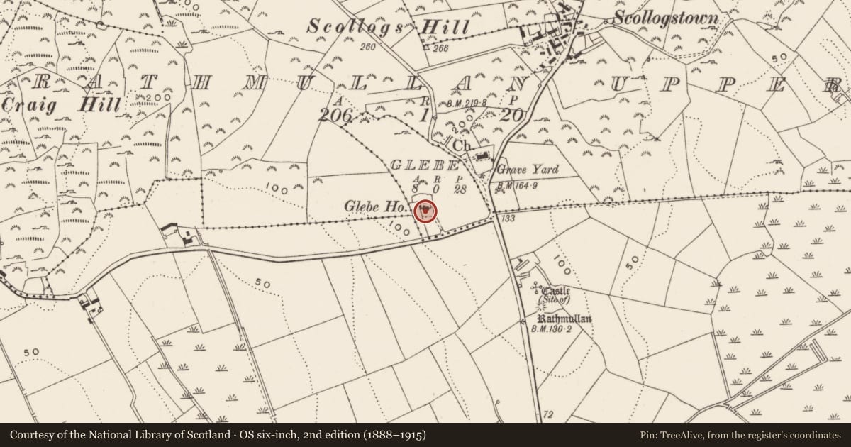 Ordnance Survey six-inch map, 2nd edition (1888–1915) covering the location of Glebe House, Newry, Mourne and Down, with a pin at the register's coordinates