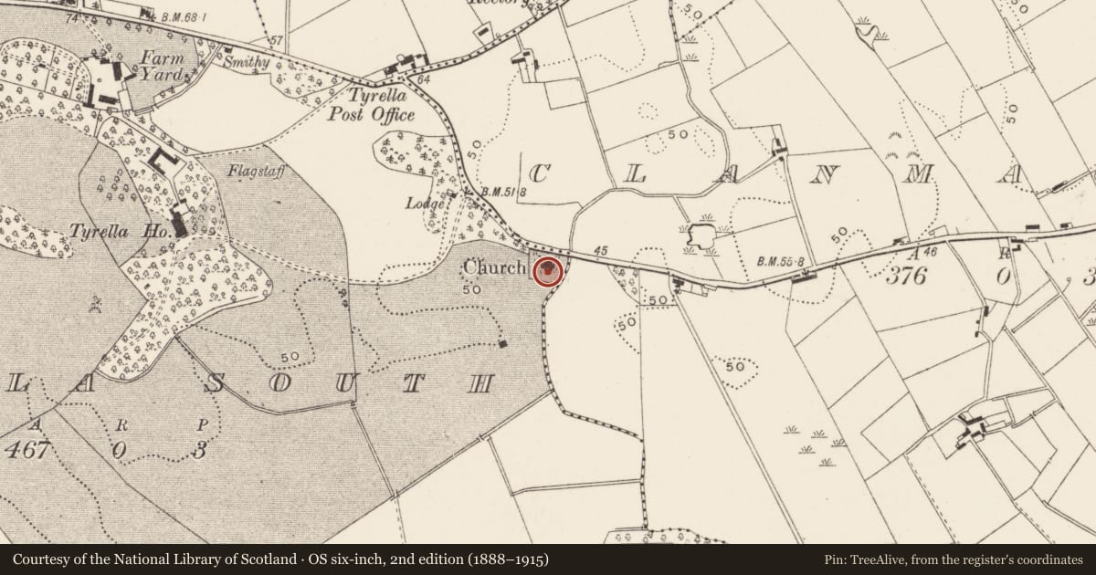 Ordnance Survey six-inch map, 2nd edition (1888–1915) covering the location of Tyrella Parish Church, Newry, Mourne and Down, with a pin at the register's coordinates