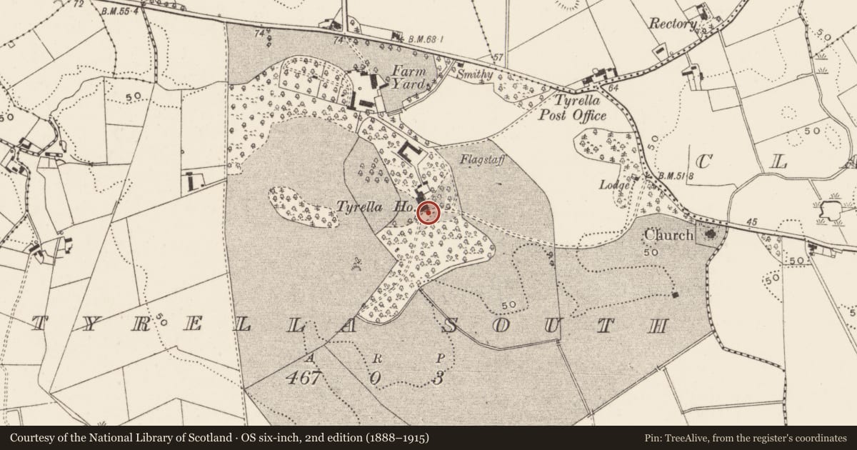 Ordnance Survey six-inch map, 2nd edition (1888–1915) covering the location of Tyrella House, Newry, Mourne and Down, with a pin at the register's coordinates