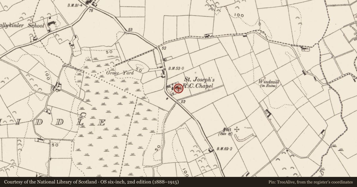 Ordnance Survey six-inch map, 2nd edition (1888–1915) covering the location of St. Joseph'S R C CHURCH, Newry, Mourne and Down, with a pin at the register's coordinates