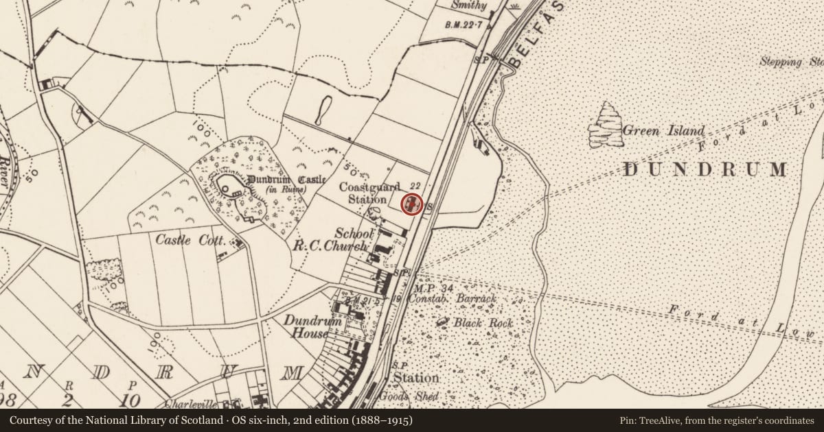 Ordnance Survey six-inch map, 2nd edition (1888–1915) covering the location of 9 Main St., Newry, Mourne and Down, with a pin at the register's coordinates