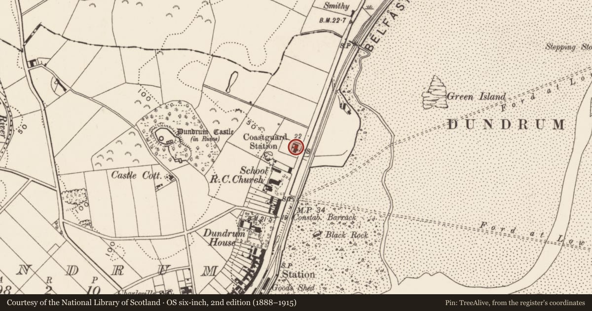 Ordnance Survey six-inch map, 2nd edition (1888–1915) covering the location of 7 Main St., Newry, Mourne and Down, with a pin at the register's coordinates