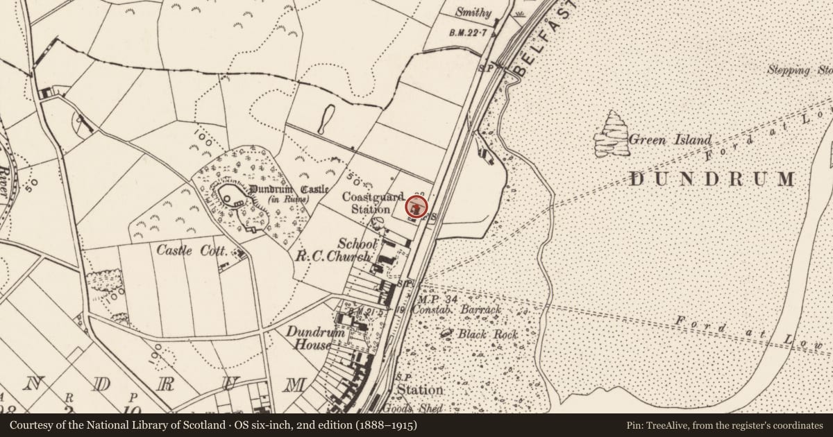 Ordnance Survey six-inch map, 2nd edition (1888–1915) covering the location of 5 Main St., Newry, Mourne and Down, with a pin at the register's coordinates