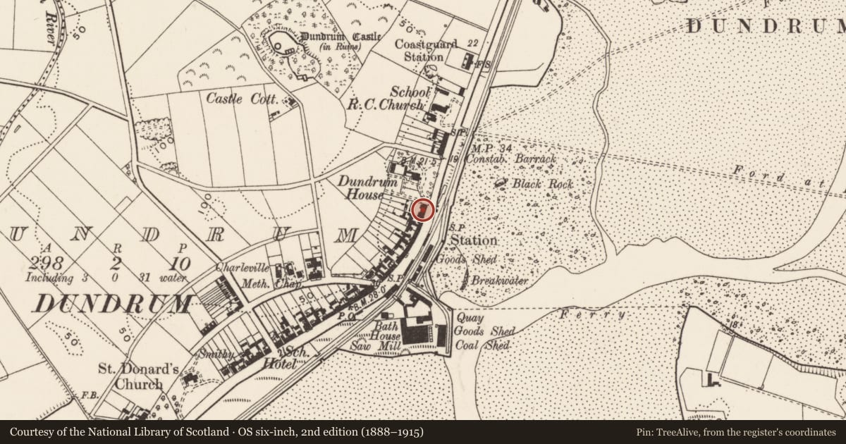 Ordnance Survey six-inch map, 2nd edition (1888–1915) covering the location of 55 Main St., Newry, Mourne and Down, with a pin at the register's coordinates