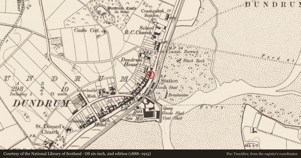 Ordnance Survey six-inch map, 2nd edition (1888–1915) covering the location of 63 Main St., Newry, Mourne and Down, with a pin at the register's coordinates