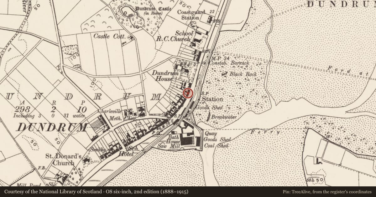 Ordnance Survey six-inch map, 2nd edition (1888–1915) covering the location of 65 Main St., Newry, Mourne and Down, with a pin at the register's coordinates