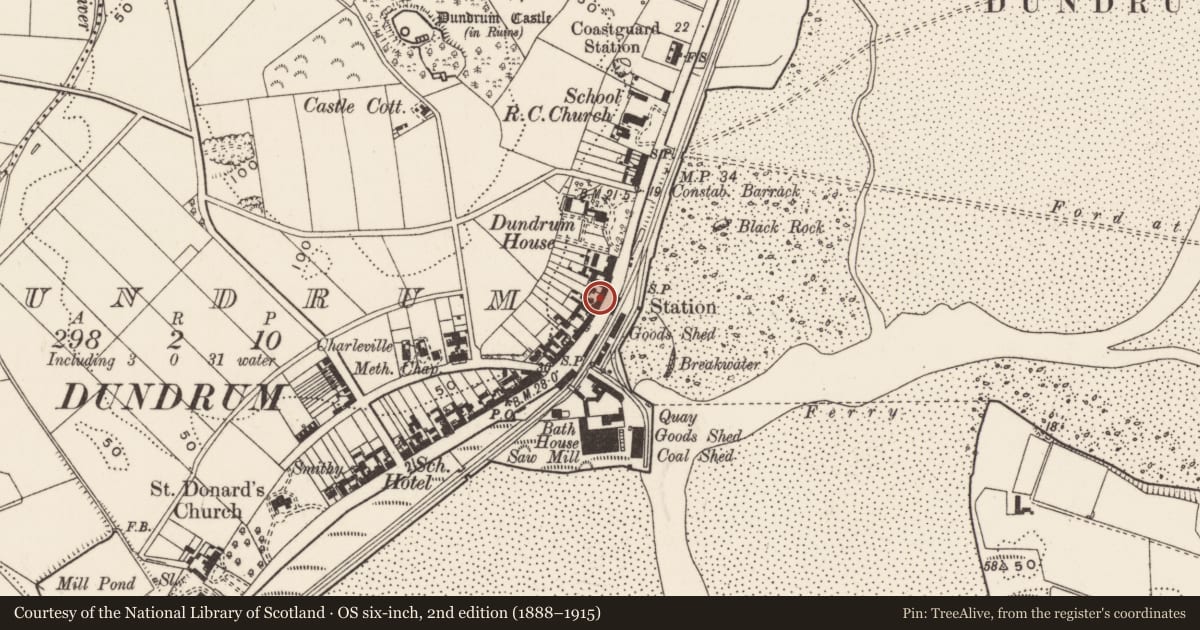 Ordnance Survey six-inch map, 2nd edition (1888–1915) covering the location of 69 Main St., Newry, Mourne and Down, with a pin at the register's coordinates