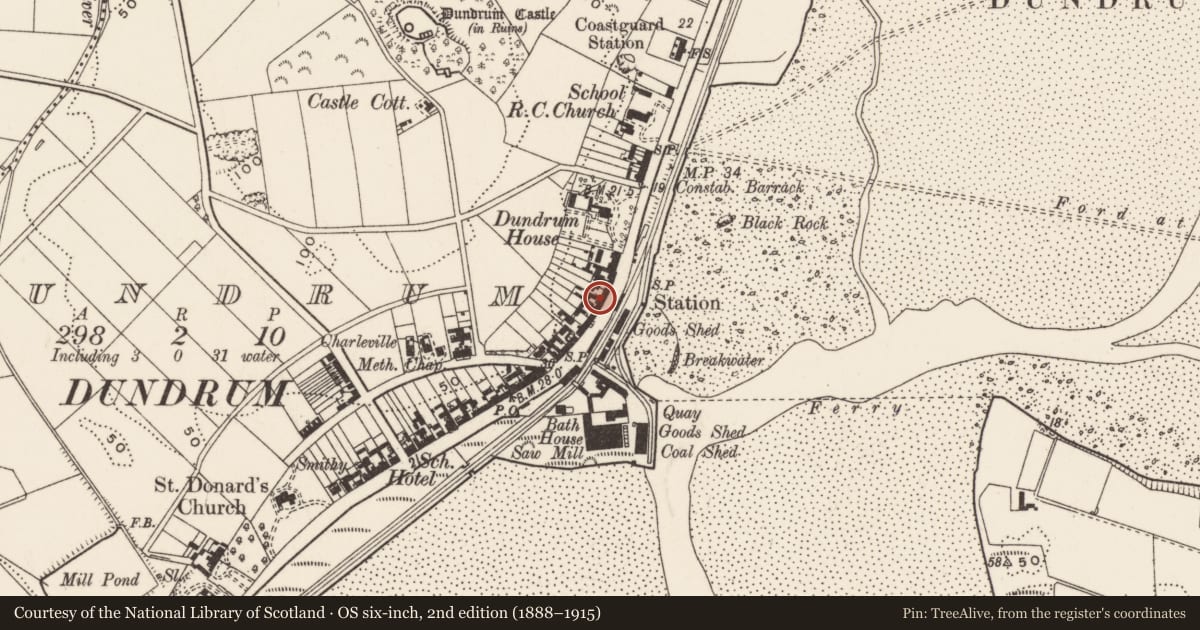 Ordnance Survey six-inch map, 2nd edition (1888–1915) covering the location of 71-73 Main St., Newry, Mourne and Down, with a pin at the register's coordinates