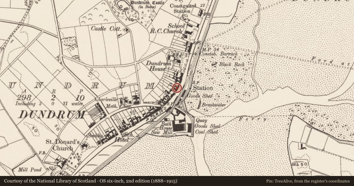 Ordnance Survey six-inch map, 2nd edition (1888–1915) covering the location of 75 Main St., Newry, Mourne and Down, with a pin at the register's coordinates