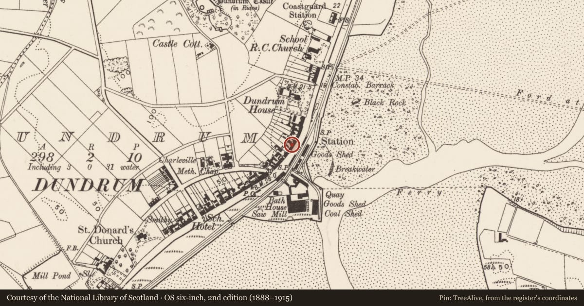 Ordnance Survey six-inch map, 2nd edition (1888–1915) covering the location of 77-79 Main St., Newry, Mourne and Down, with a pin at the register's coordinates
