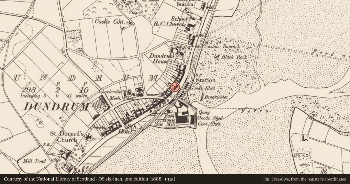 Ordnance Survey six-inch map, 2nd edition (1888–1915) covering the location of 83 Main St., Newry, Mourne and Down, with a pin at the register's coordinates