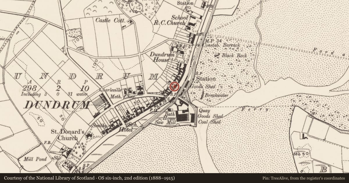 Ordnance Survey six-inch map, 2nd edition (1888–1915) covering the location of 85 Main St., Newry, Mourne and Down, with a pin at the register's coordinates