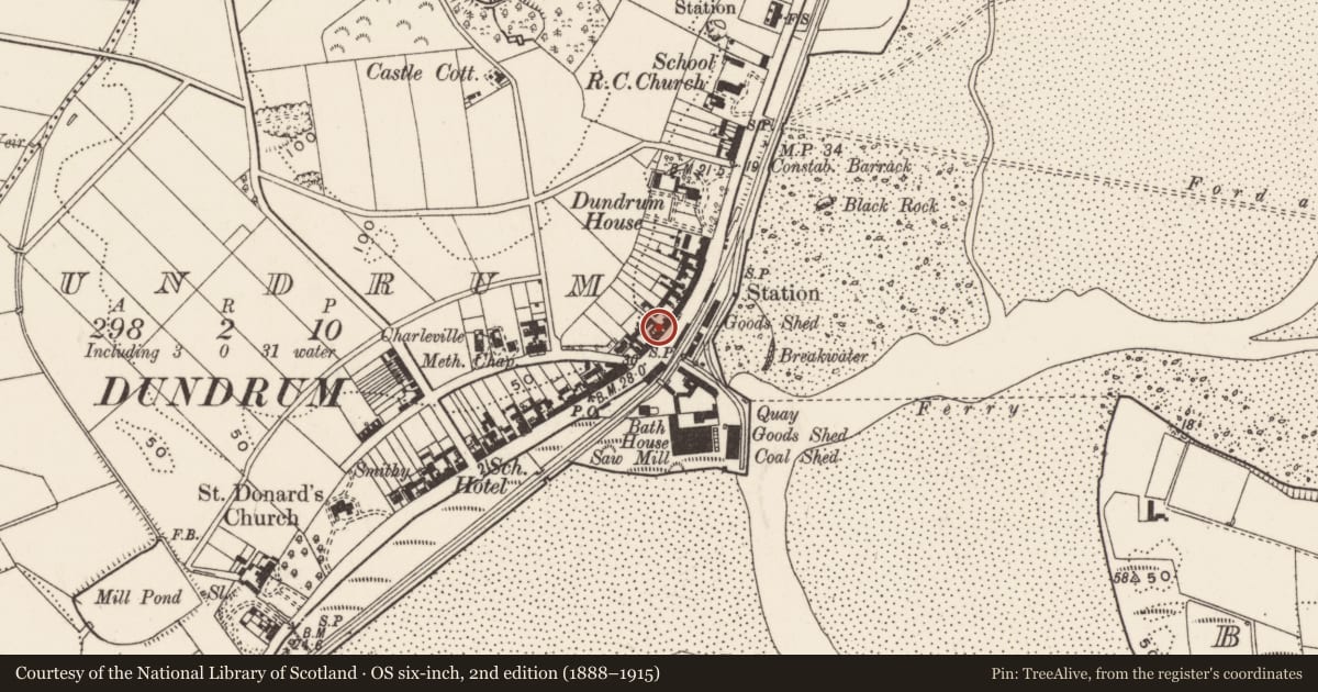 Ordnance Survey six-inch map, 2nd edition (1888–1915) covering the location of 87 Main St., Newry, Mourne and Down, with a pin at the register's coordinates