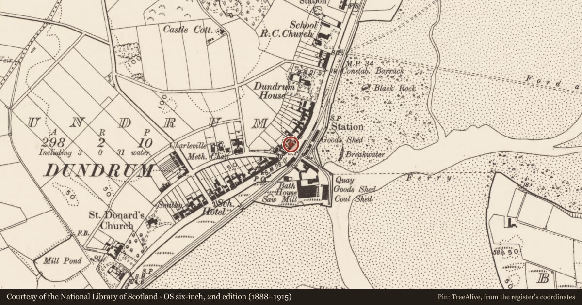 Ordnance Survey six-inch map, 2nd edition (1888–1915) covering the location of 91 Main St., Newry, Mourne and Down, with a pin at the register's coordinates