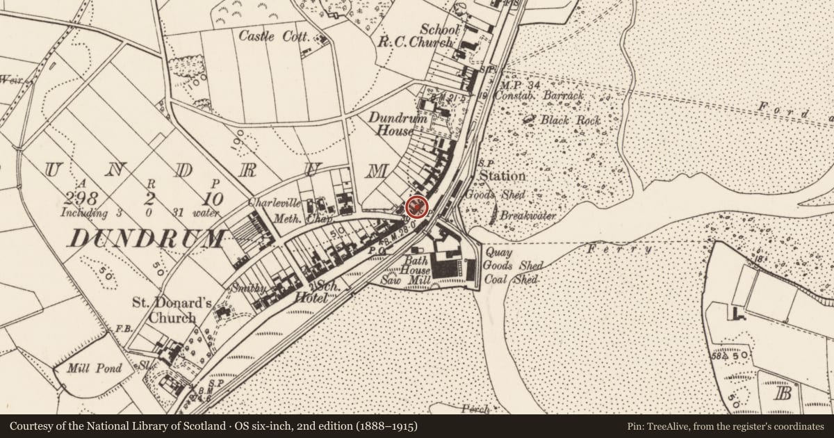 Ordnance Survey six-inch map, 2nd edition (1888–1915) covering the location of 93 Main St., Newry, Mourne and Down, with a pin at the register's coordinates