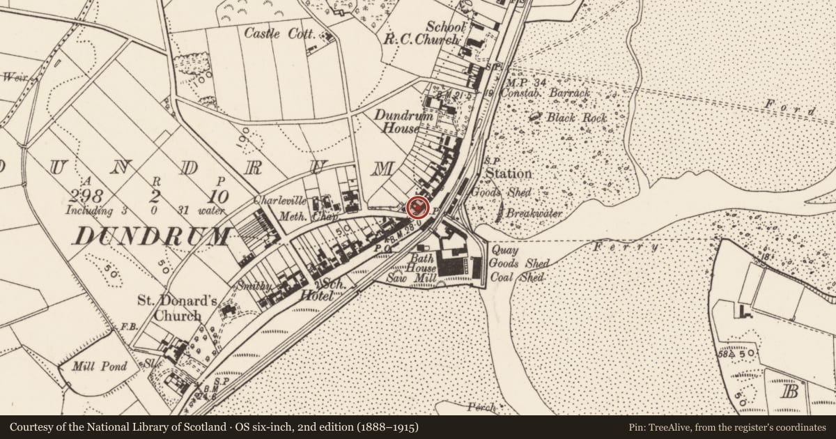 Ordnance Survey six-inch map, 2nd edition (1888–1915) covering the location of 97 Main St., Newry, Mourne and Down, with a pin at the register's coordinates
