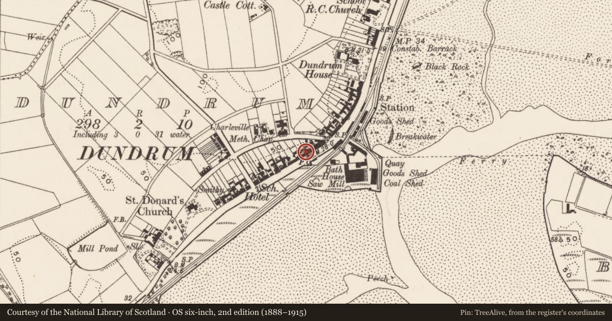 Ordnance Survey six-inch map, 2nd edition (1888–1915) covering the location of 115 Main St., Newry, Mourne and Down, with a pin at the register's coordinates