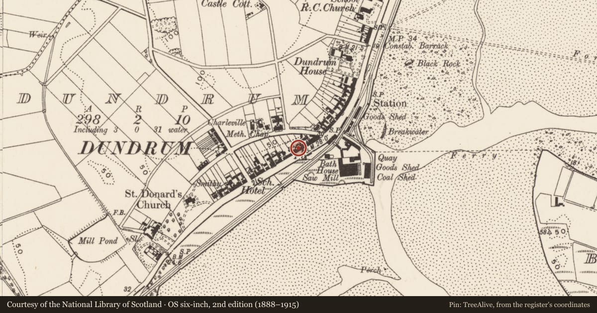 Ordnance Survey six-inch map, 2nd edition (1888–1915) covering the location of 117 Main St., Newry, Mourne and Down, with a pin at the register's coordinates