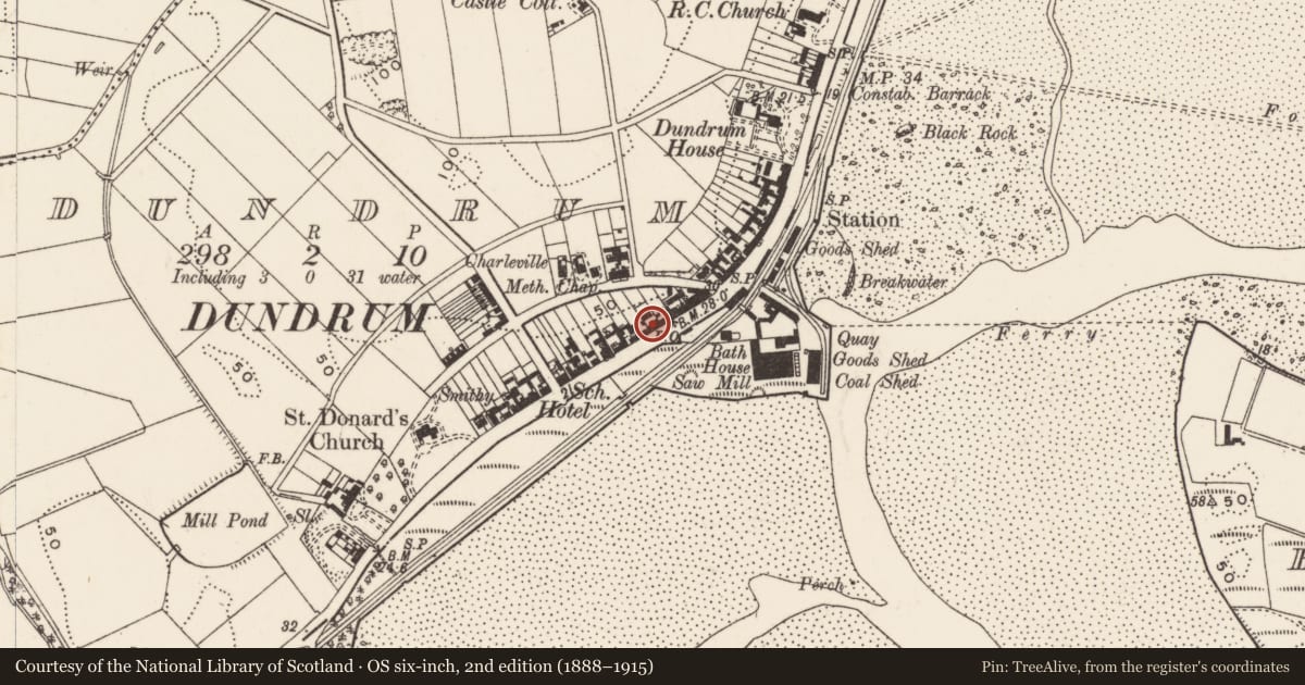 Ordnance Survey six-inch map, 2nd edition (1888–1915) covering the location of 121 Main St., Newry, Mourne and Down, with a pin at the register's coordinates