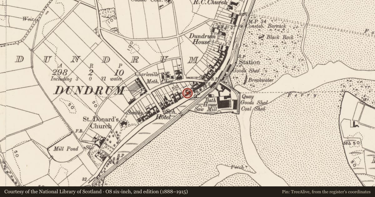Ordnance Survey six-inch map, 2nd edition (1888–1915) covering the location of 123 Main St., Newry, Mourne and Down, with a pin at the register's coordinates