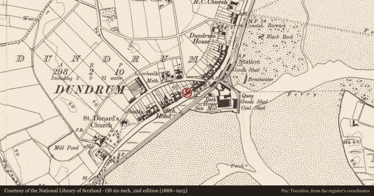 Ordnance Survey six-inch map, 2nd edition (1888–1915) covering the location of 125 Main St., Newry, Mourne and Down, with a pin at the register's coordinates