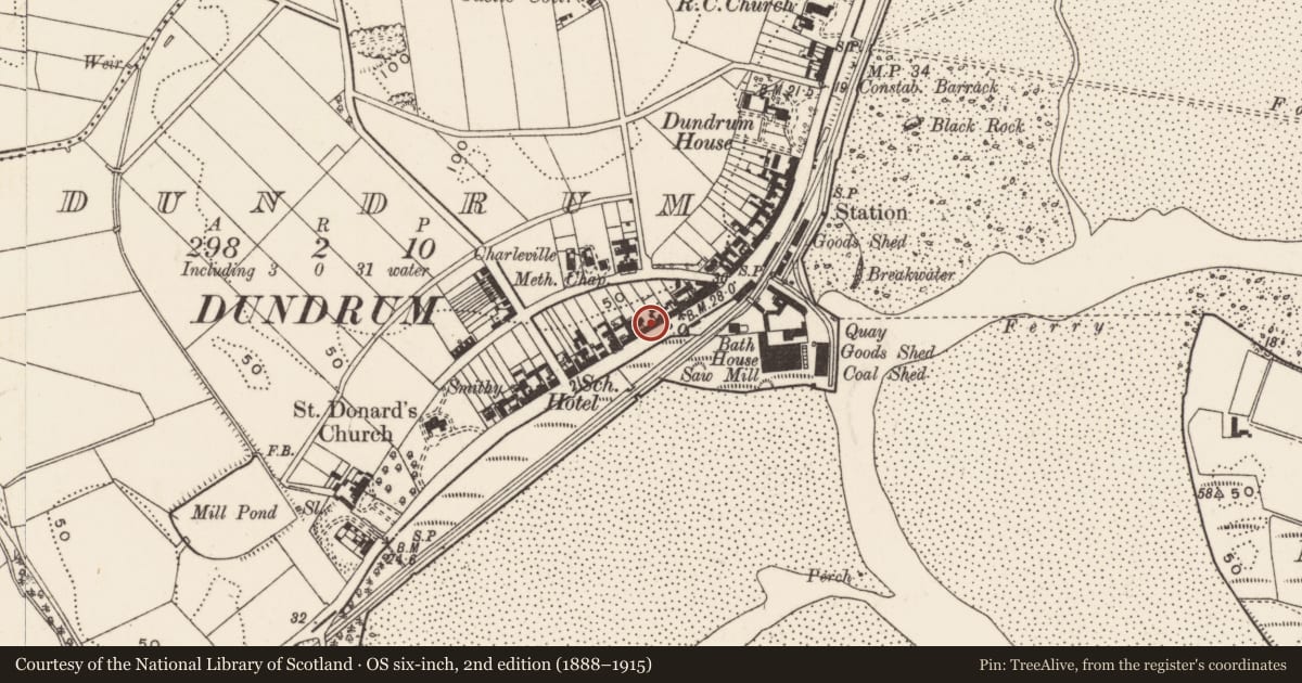 Ordnance Survey six-inch map, 2nd edition (1888–1915) covering the location of 127 Main St., Newry, Mourne and Down, with a pin at the register's coordinates