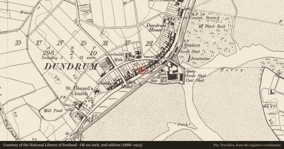 Ordnance Survey six-inch map, 2nd edition (1888–1915) covering the location of 129 Main St., Newry, Mourne and Down, with a pin at the register's coordinates