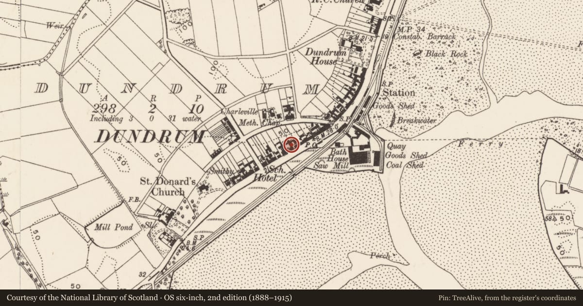 Ordnance Survey six-inch map, 2nd edition (1888–1915) covering the location of 131 Main St., Newry, Mourne and Down, with a pin at the register's coordinates